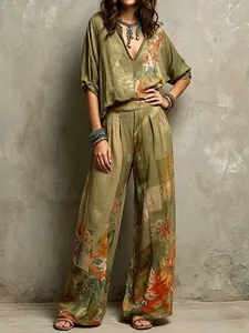 Élégant ensemble deux pièces vert olive à imprimé floral et pantalon large taille haute