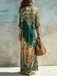 Back view of elegant retro floral print maxi dress with bohemian style details