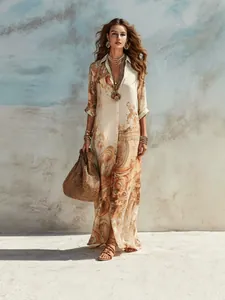 Elegant vintage digital print maxi dress with flowing silhouette and classic collar