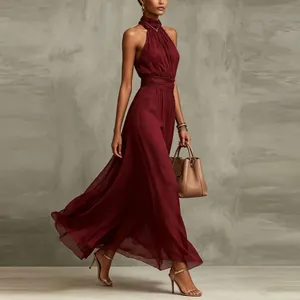 Elegant wine red chiffon halter maxi dress with pleated waist and flowing skirt