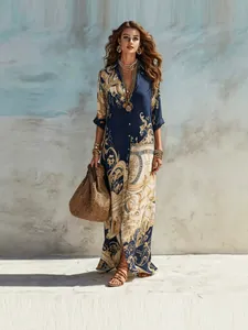 Elegant vintage navy blue digital print maxi dress with baroque patterns for women
