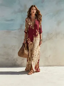 Elegant bohemian printed maxi dress with retro digital pattern for women chic look