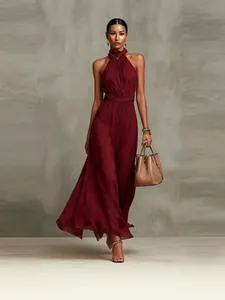 Elegant burgundy halter neck chiffon maxi dress with pleated waist for vacation style