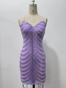 Front view of the purple sequined texture on a mannequin showing the bodycon fit