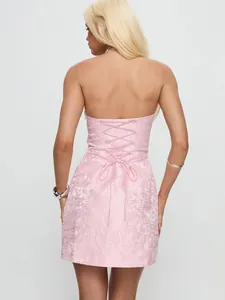 Elegant pink floral jacquard tube top mini dress with stylish lace-up back detail