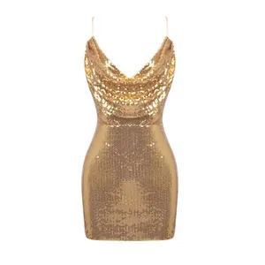 Detailed front view of the golden sequined mini dress featuring V-neck and thin straps