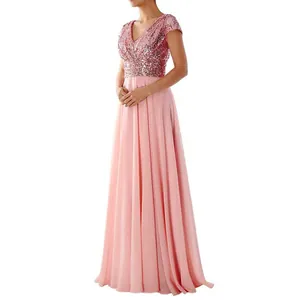 Elegant pink evening gown with V-neck sequined bodice and flowing chiffon skirt