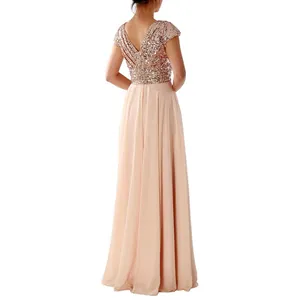 Back view of elegant V-neck evening gown featuring sequins and long chiffon skirt