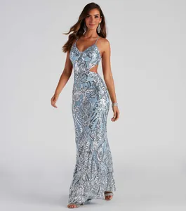 Stunning light blue V-neck sequined evening gown with intricate patterns for parties.