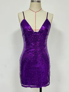 Detailed front view of a sexy purple sequined bodycon mini dress displayed on a mannequin