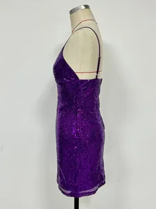 Side view of a vibrant purple sequined spaghetti strap bodycon mini dress for women
