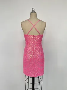Detailed back view of sexy pink sequined bodycon dress featuring criss-cross spaghetti straps