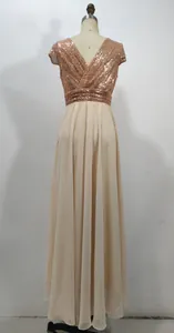 Back view of elegant V-neck rose gold sequined and beige chiffon patchwork maxi evening dress