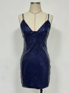 Close-up of navy blue sequined mini dress with V-neck and thin straps