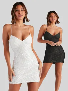 Women Sexy Sequin Spaghetti Strap Mini Dress Polyester V Neck Backless Bodycon Night Club Party Evening Gown Banquet Dress