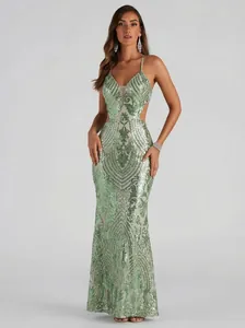 Elegant sage green sequined evening gown featuring a deep V-neck and stylish waist cut-outs
