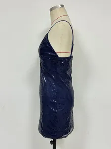 Detailed side view of a navy blue sequined bodycon mini dress displayed on a mannequin
