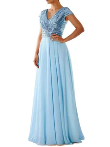Elegant light blue V-neck evening gown with shimmering sequined bodice and flowing chiffon skirt