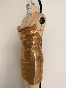 Elegant gold sequin mini dress featuring a sexy cowl neck and backless design for clubwear