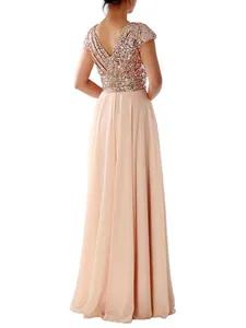 Elegant rose gold sequin and chiffon patchwork V-neck long evening gown for party