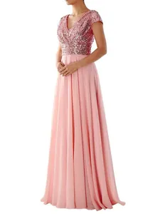 Elegant pink V-neck evening gown with sequined bodice and flowing chiffon skirt