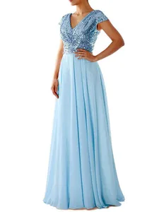 Elegant light blue V-neck evening gown with sequined bodice and long chiffon skirt