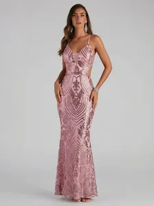 Elegant rose gold sequined evening gown featuring a V-neck and side cut-outs for gala parties