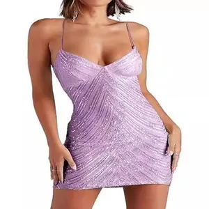 Elegant lavender sequined bodycon spaghetti strap mini dress for summer party occasions