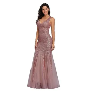 Rose gold sequined mermaid evening gown with elegant tulle hem for weddings