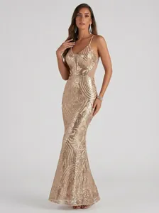 Elegant rose gold sequined evening gown with v-neck and mermaid silhouette detail