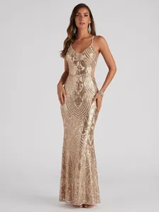 Elegant gold sequined floor-length evening gown featuring an intricate V-neck design.