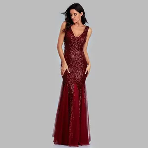 Elegant burgundy sequin mermaid evening dress with deep V-neck and tulle hem detail