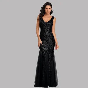 Elegant black sequined mermaid evening gown with a V-neck and sparkling finish