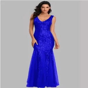 Elegant royal blue sequined mermaid evening gown with V-neckline and slim fit design.