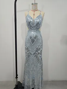 Elegant light blue sequined V-neck floor-length evening party gown on mannequin detail