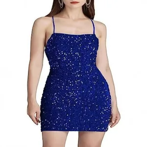 Elegant royal blue sequin bodycon mini dress with thin adjustable straps for party