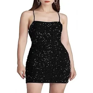 Sparkly black sequin velvet bodycon mini dress with thin spaghetti straps for parties