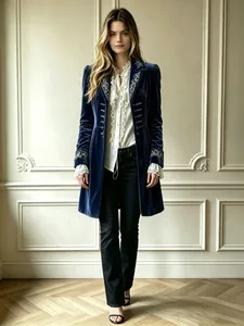 Primo piano del cappotto invernale in velluto blu navy con ricami floreali bianchi.