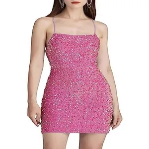 Sparkling pink sequined velvet bodycon mini dress with thin spaghetti straps for party