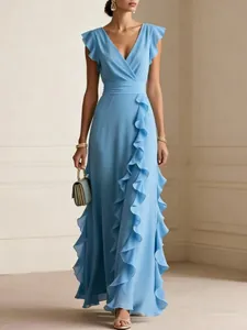 Detail view of a light blue V-neck chiffon maxi dress with elegant ruffle accents.