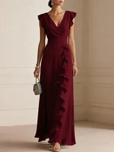 Elegant burgundy V-neck chiffon maxi dress with cascading ruffle details and cinched waist
