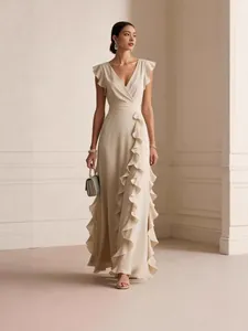 Women V Neck Ruffle Chiffon Maxi Dress Elegant Solid Color Flutter Sleeve Pleated Evening Party Gown Formal Dress
