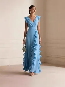 Elegant light blue chiffon V-neck maxi dress with ruffles and side slit detail