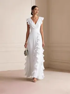 Elegant white chiffon V-neck maxi dress featuring feminine ruffle details for formal events