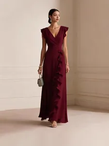 Elegant burgundy chiffon V-neck maxi dress with flutter sleeves and ruffle details