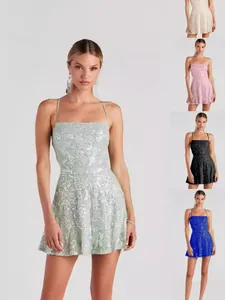 Abito da Donna Sexy con Paillettes e Spalline Sottili Mini Abito Schiena Scoperta Incrociato Festa Discoteca Abito Estivo Aderente