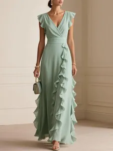Elegant sage green chiffon maxi dress featuring a V-neck and cascading side ruffles