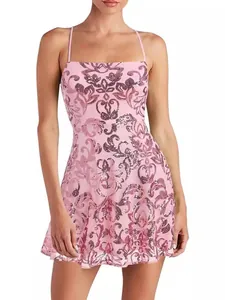 Sexy abito da festa rosa con intricato ricamo damascato di paillettes oro rosa