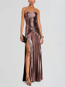 Vestido Maxi Plisado Metálico para Mujer Sexy Sin Tirantes Tubo Abertura Alta Vestido de Noche Elegante Púrpura Profundo Bodycon