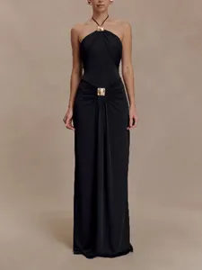 Women Halter Neck Ruched Bodycon Maxi Dress Elegant Sleeveless Streamer Backless Long Dress With Metal Buckle